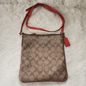 Coach Signature Canvas North South Crossbody Bag Khaki Red Orange Style F35940